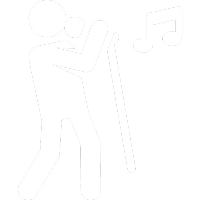 Person singing with microphone, music note.